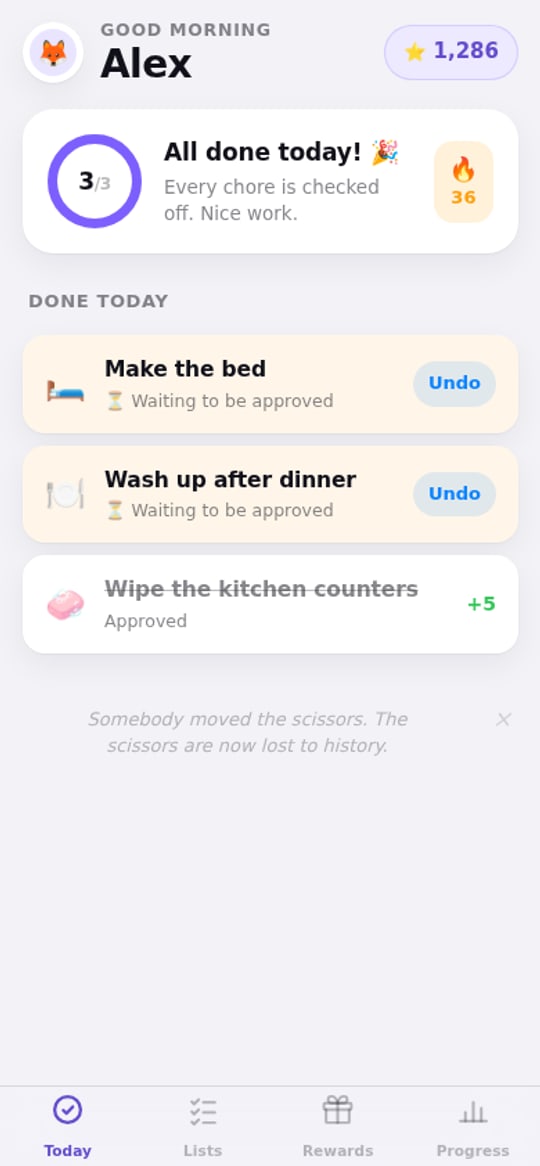 ChoreStash on a phone, showing a chore list and streaks